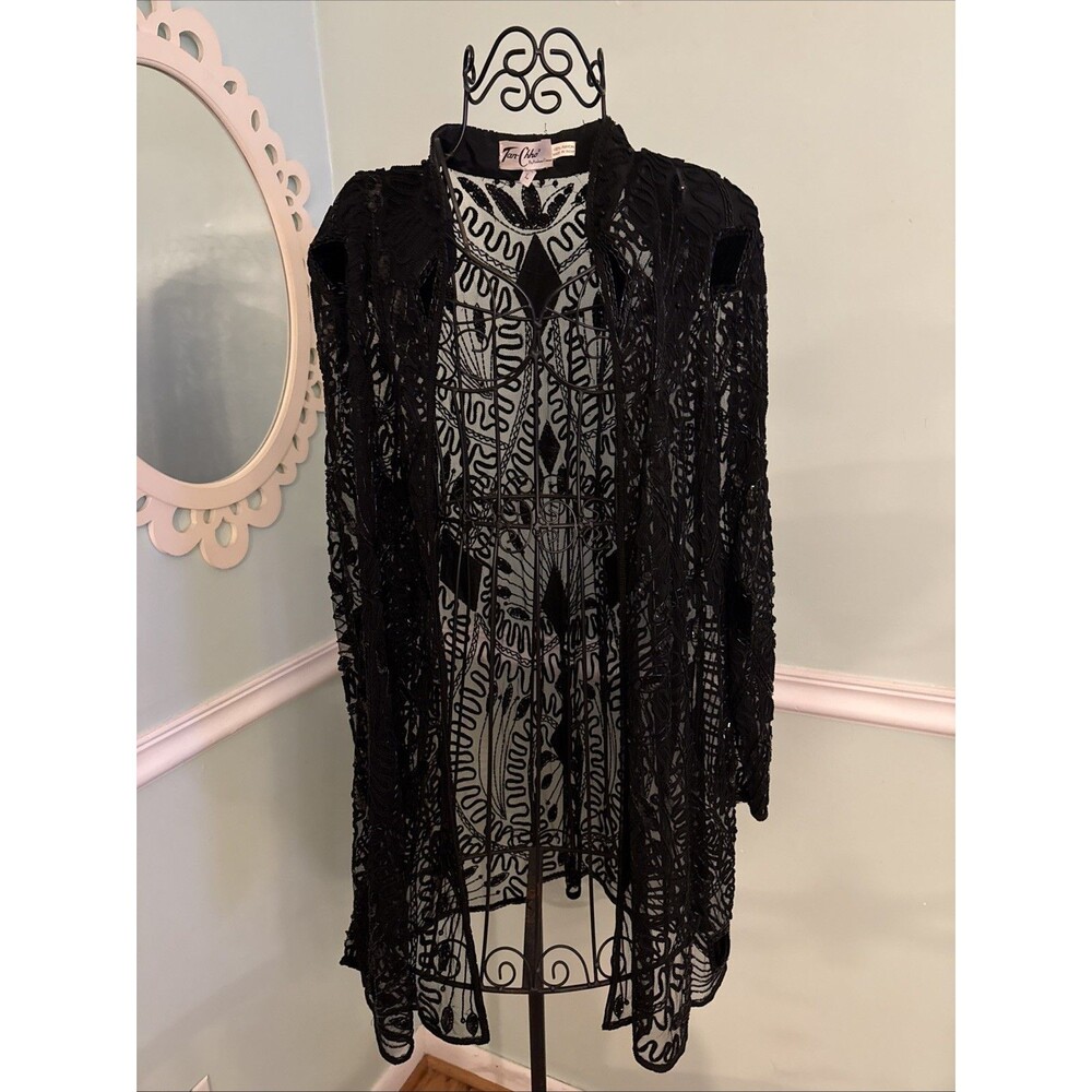 Vtg‎ 80s Tan Chho Embroidered Sequin LnLong Duster Black Sequin 6D